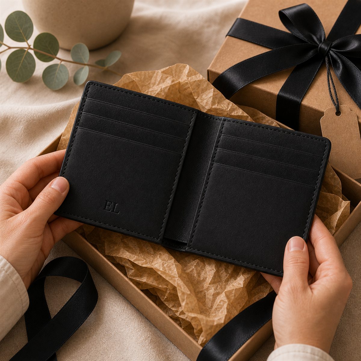 Open black leather wallet with EL monogram inside beside an anniversary gift