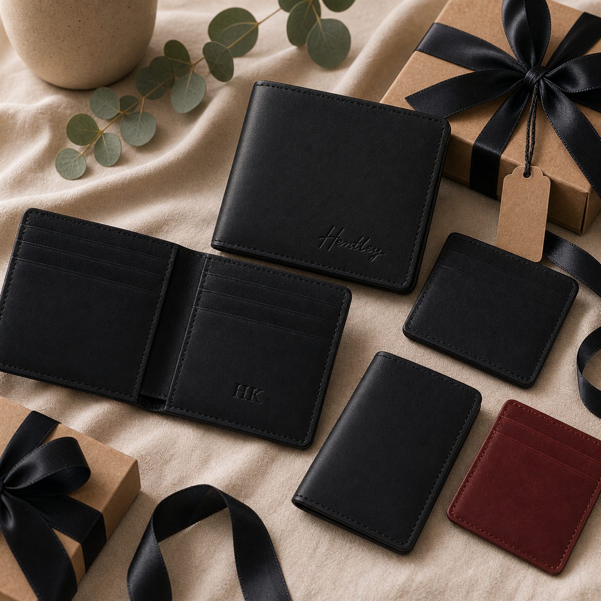 Corporate black leather gift set with Hentley script exteriors and HK monogram inside an open wallet