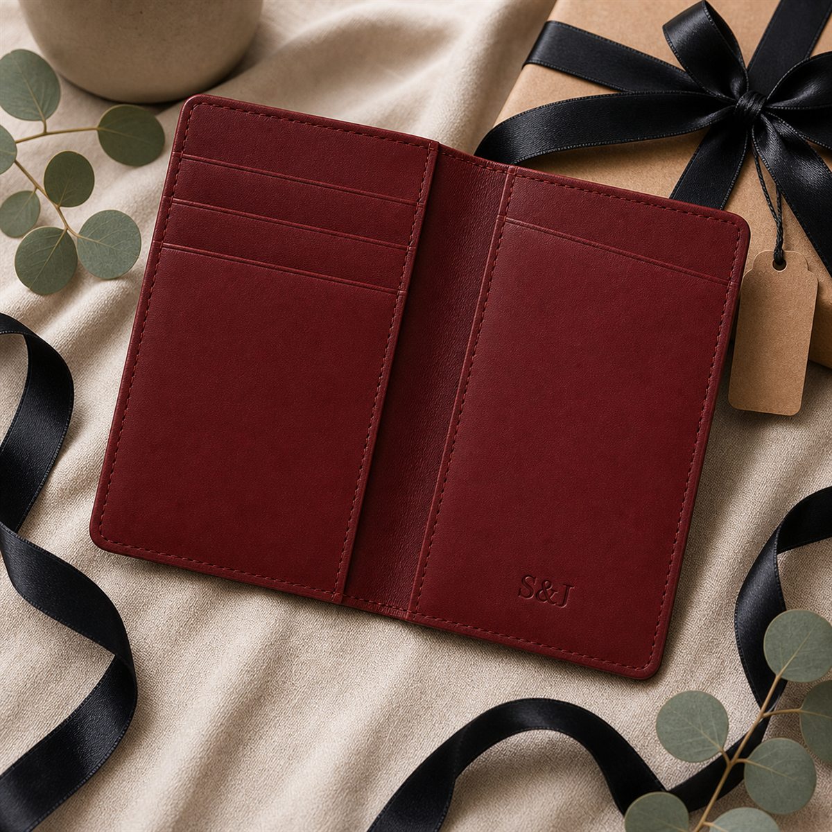 Open tall passport wallet with S and J monogram inside in a wedding gift setting
