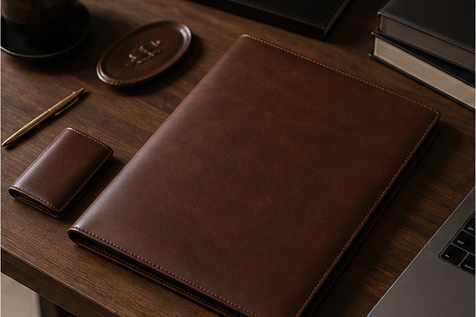 Large leather portfolio and wallet gift pack arranged on a warm neutral surface