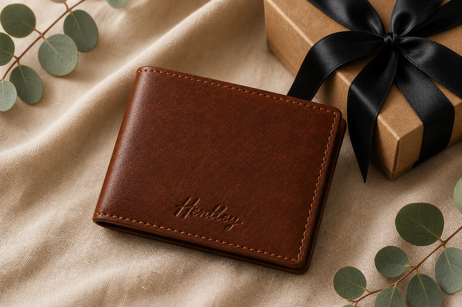 Brown leather wallet on cream linen