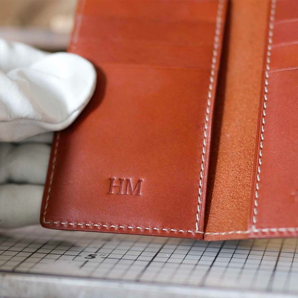 Bespoke monogramming for leather wallets