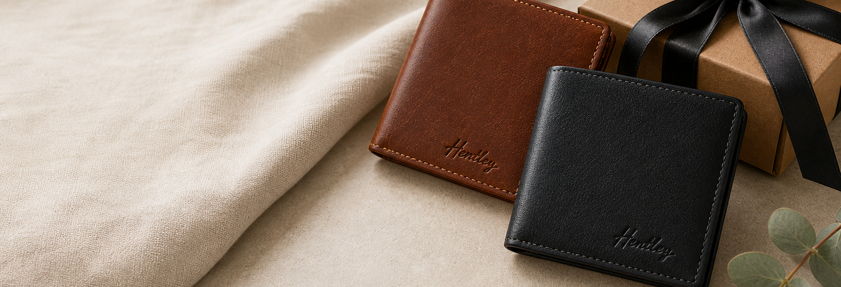 Whisky brown leather wallet beside a wrapped gift