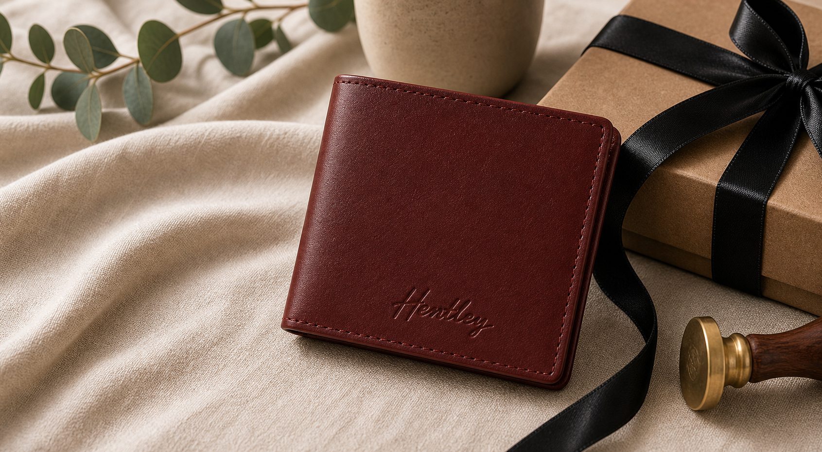 Closed leather wallet with Hentley script mark beside a wrapped gift box
