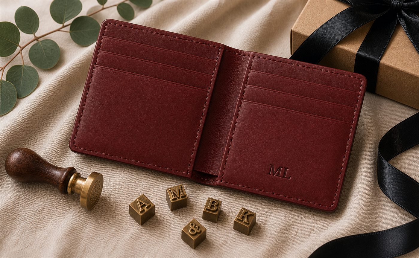 Open whisky leather wallet with ML monogram inside beside personalisation tools