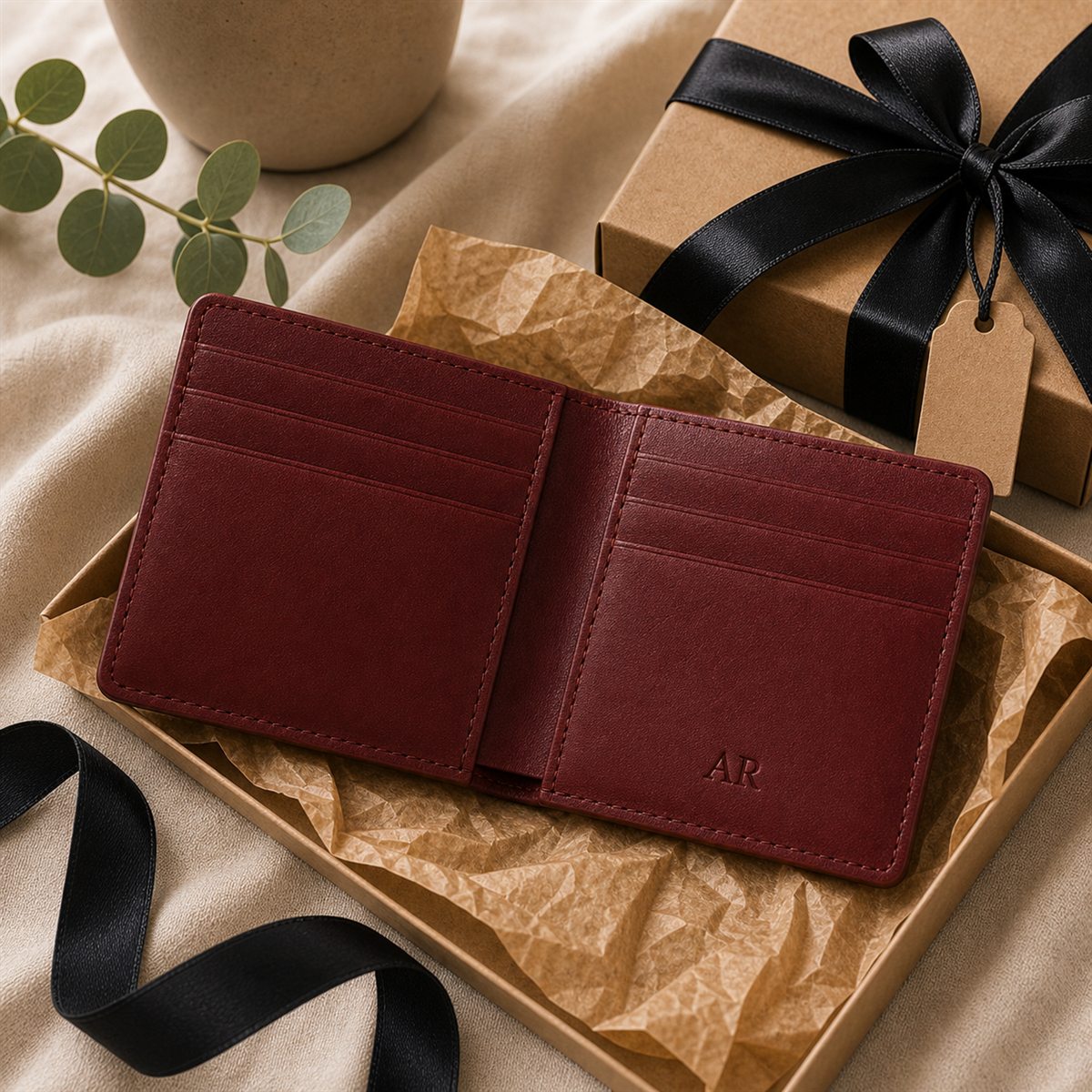 Open slim bifold wallet with AR monogram inside beside a wrapped birthday gift