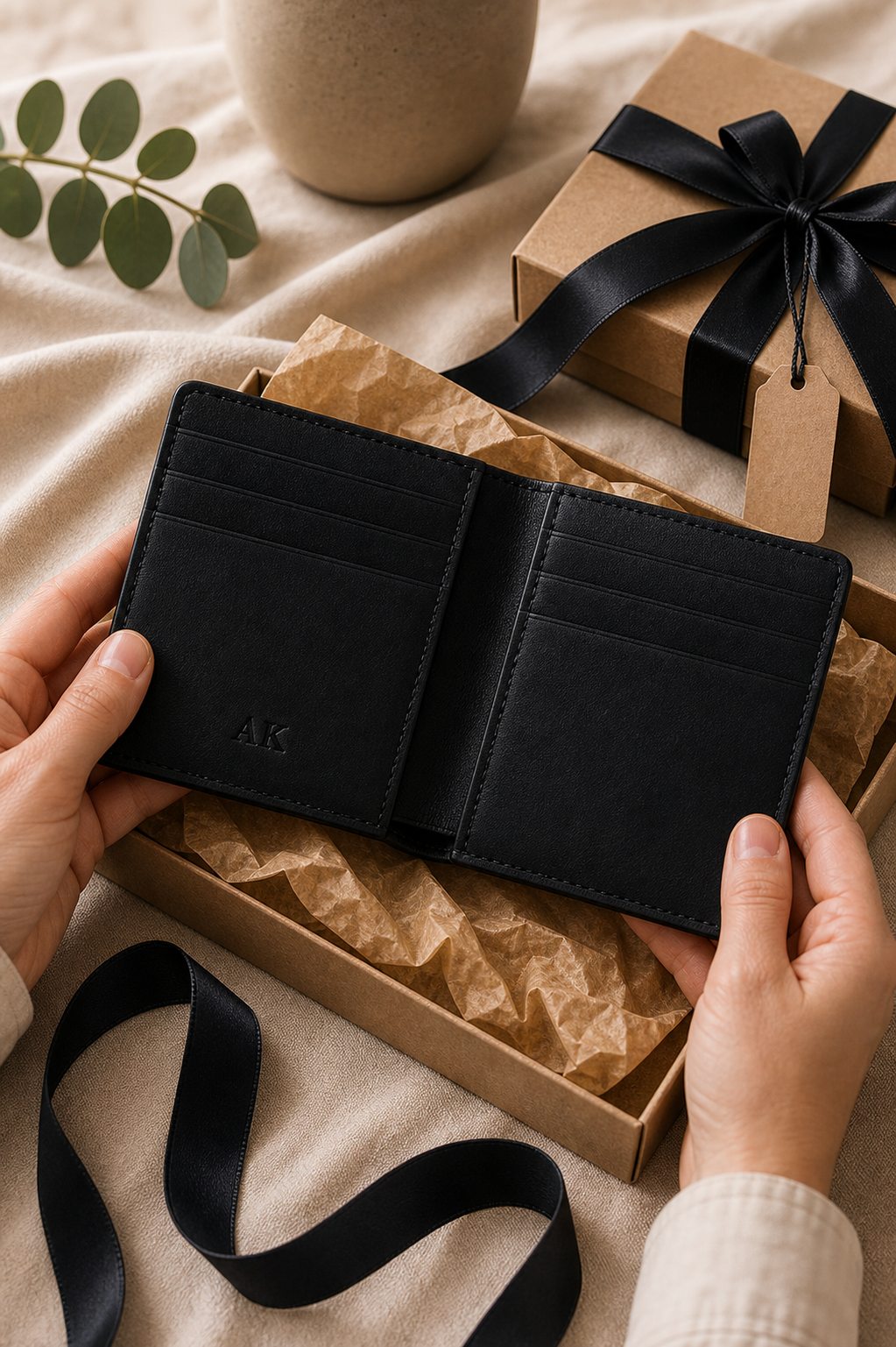 Open black leather wallet with AK monogram inside beside a wrapped gift