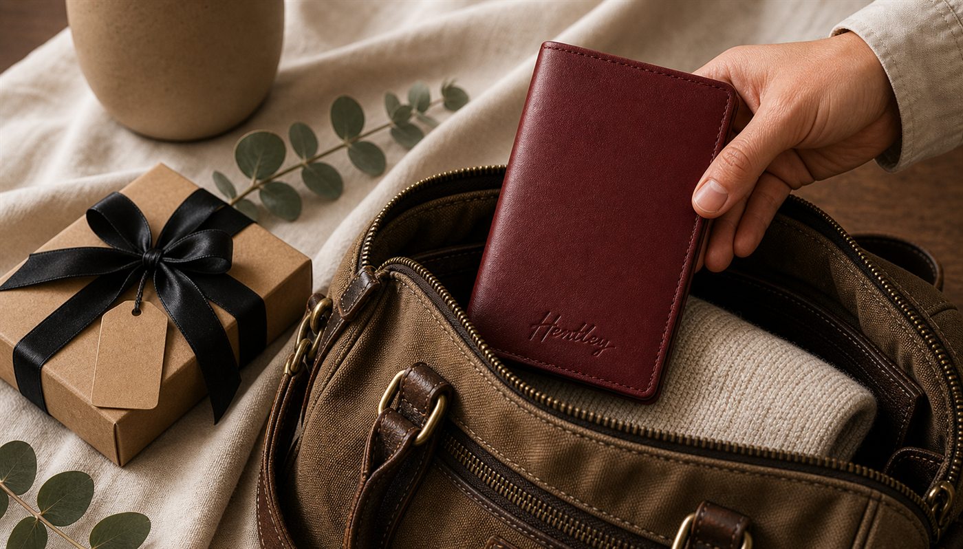 Closed tall passport wallet with Hentley script mark packed into a travel bag