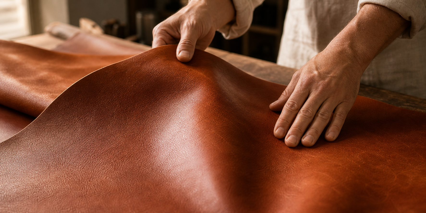 Artisan hands inspecting a large sheet of vegetable-tanned leather