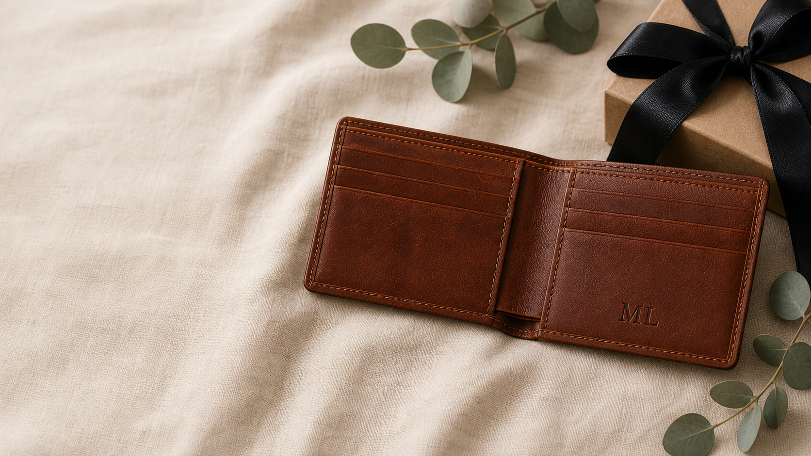 Open leather wallet with initials monogrammed inside