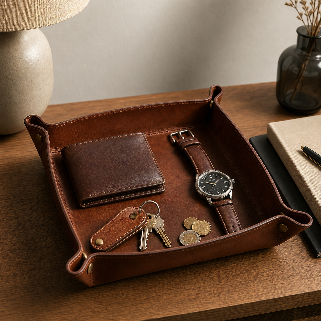 Leather desk valet tray concept on a considered workspace