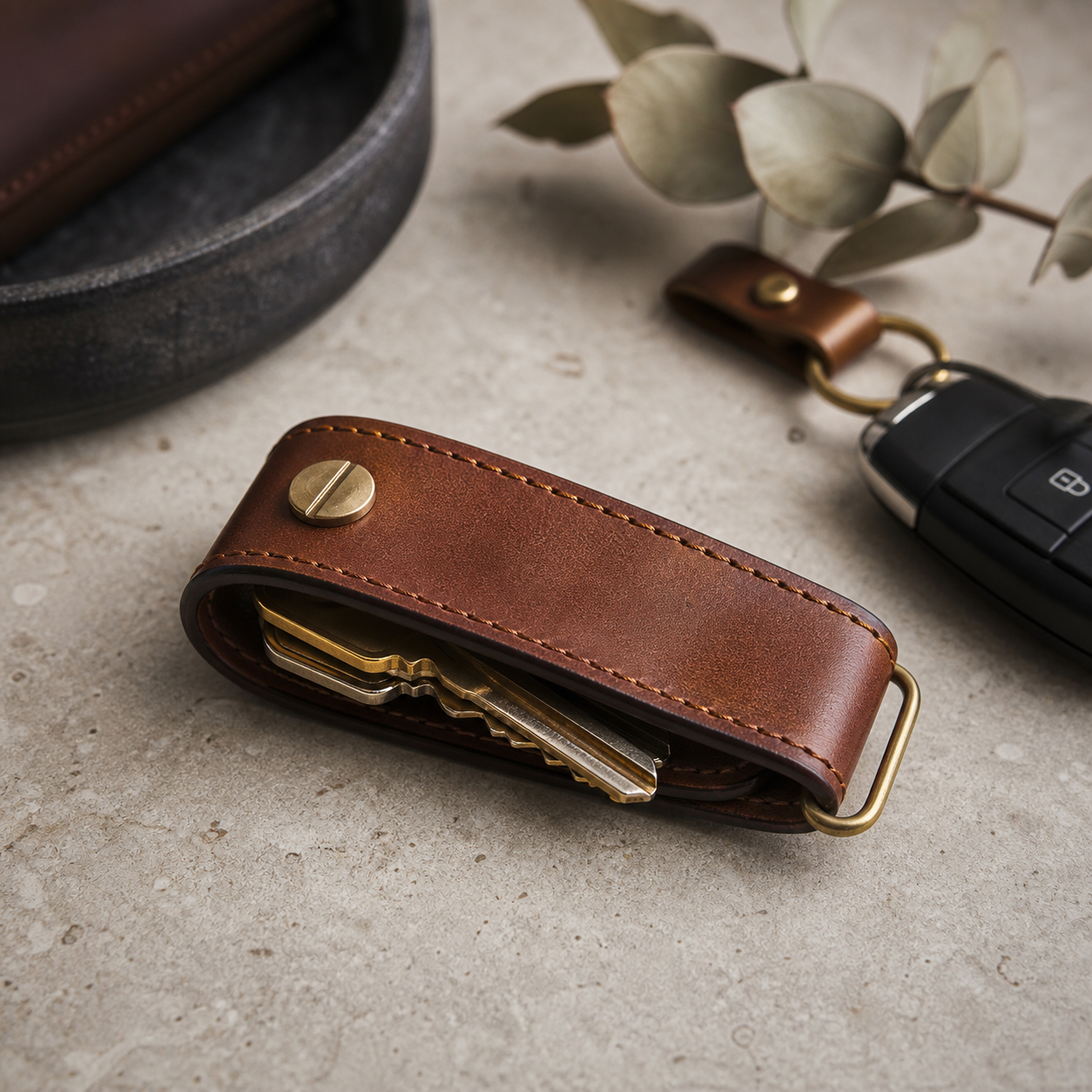 Leather key organiser concept in warm natural light