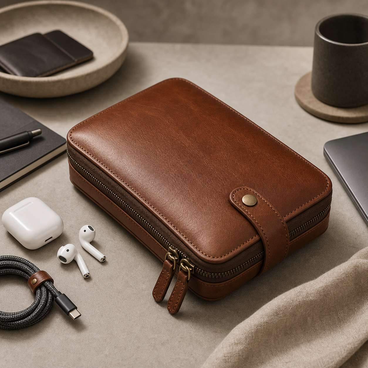 Leather tech organiser concept on a refined work surface
